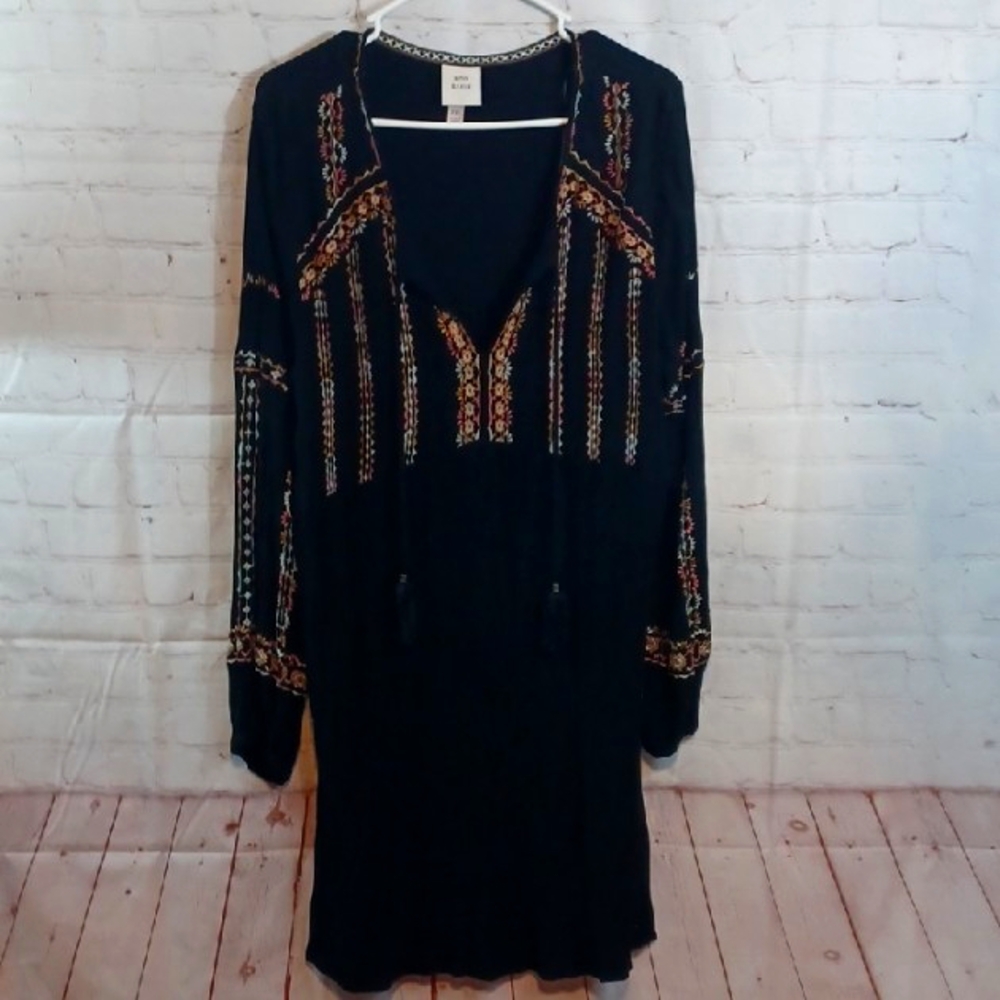 Knox Rose Y2K Boho Krinkle Black Peasant Embroidery Midi Dress XXL Vintage - Picture 3 of 12